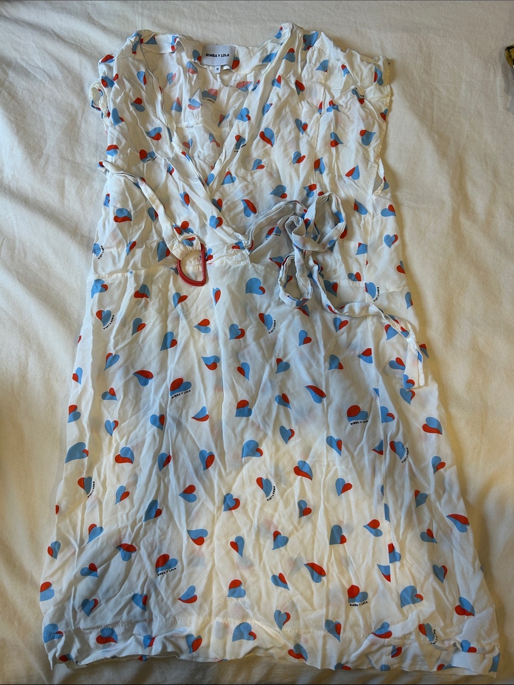 White Heart-Print Wrap Casual Dress with Blue & Red Accents